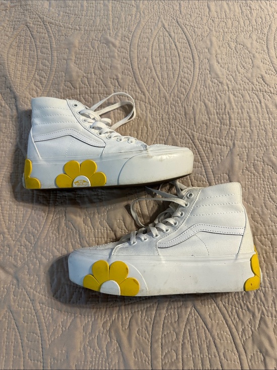 Vans Shoes - Vans White High-Top Sneakers with Yellow Daisy Accents